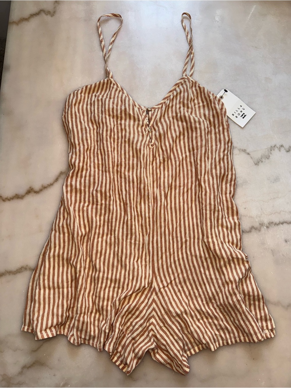 Billabong Tan and Brown Striped Linen-Feel Romper
